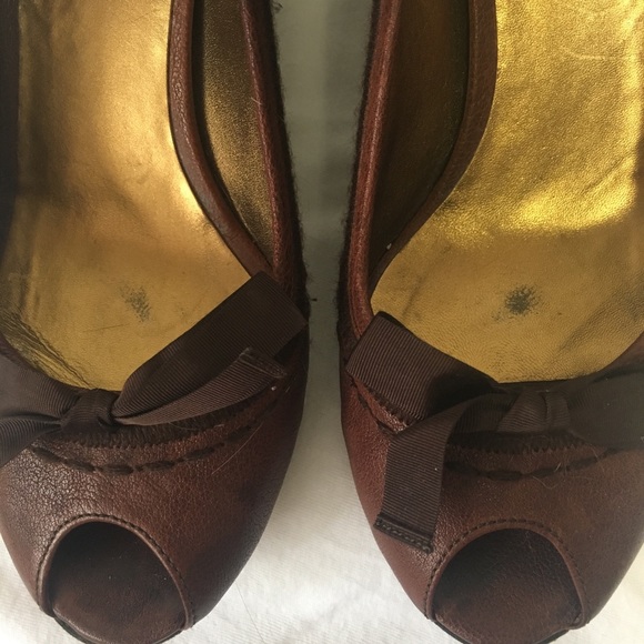 MIU MIU • Leather Peep Toe Wedges - Picture 11 of 16